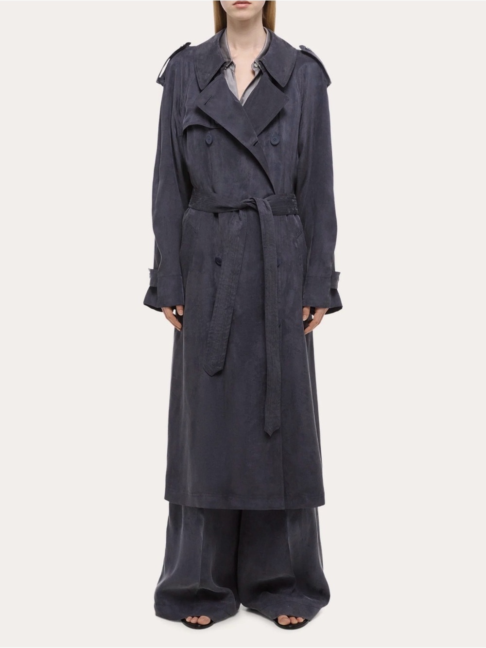 Helmut Lang Charcoal Double-Breasted Trench Coat with Belt